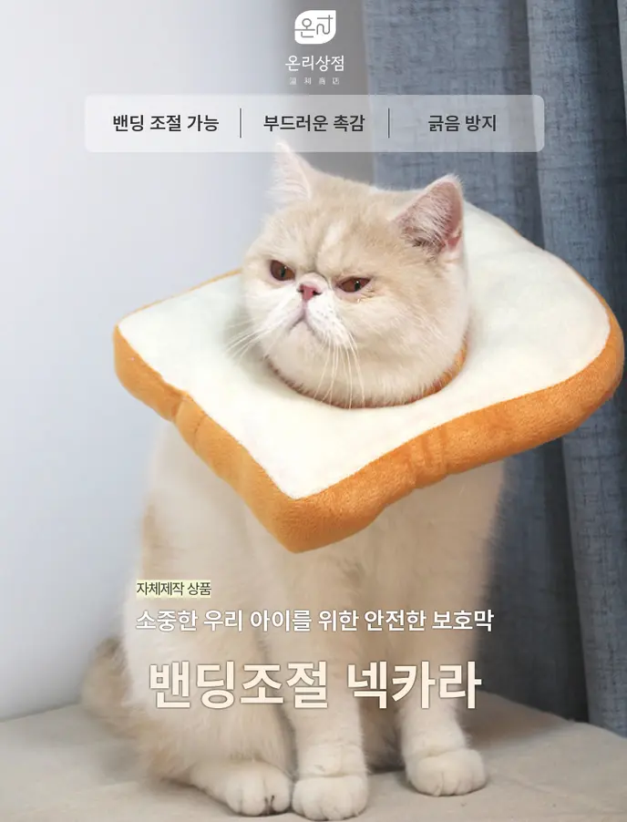 온리상점 넥카라는 부드럽고 밴딩 조절이 가능해 고양이의 상처부위를 안전하게 보호할 수 있다.