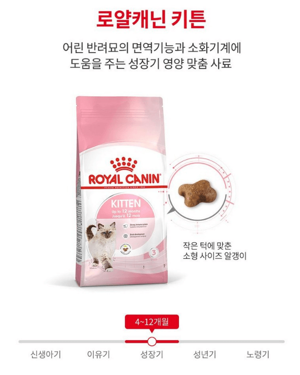 로얄캐닌 키튼은 어린 반려묘의 면역기능과 소화기계에 도움을 준다.